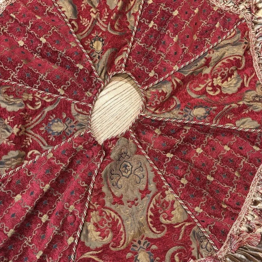 Serendipity Christmas Tree Skirt Red Gold Velvet Tassel Ruffle Holiday Decor 50